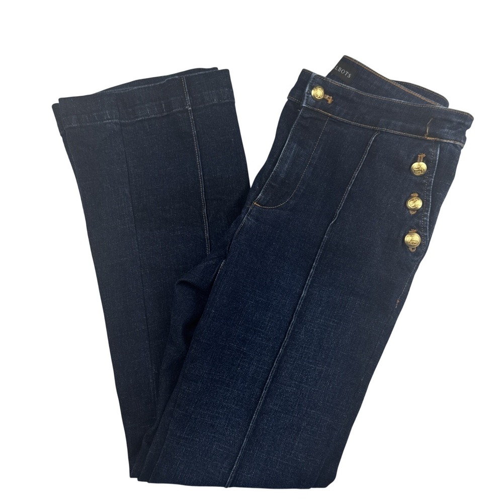 Talbots Women Flare Jean 6P Cotton Nautical Sailor Button Dark Lillia Wash Denim